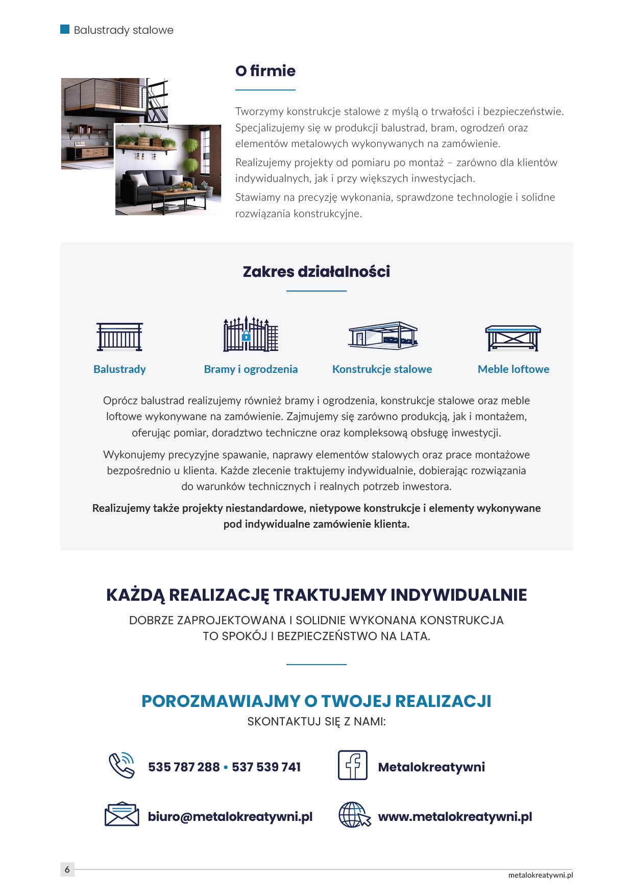 Strona katalogu balustrad z sekcją opisu firmy