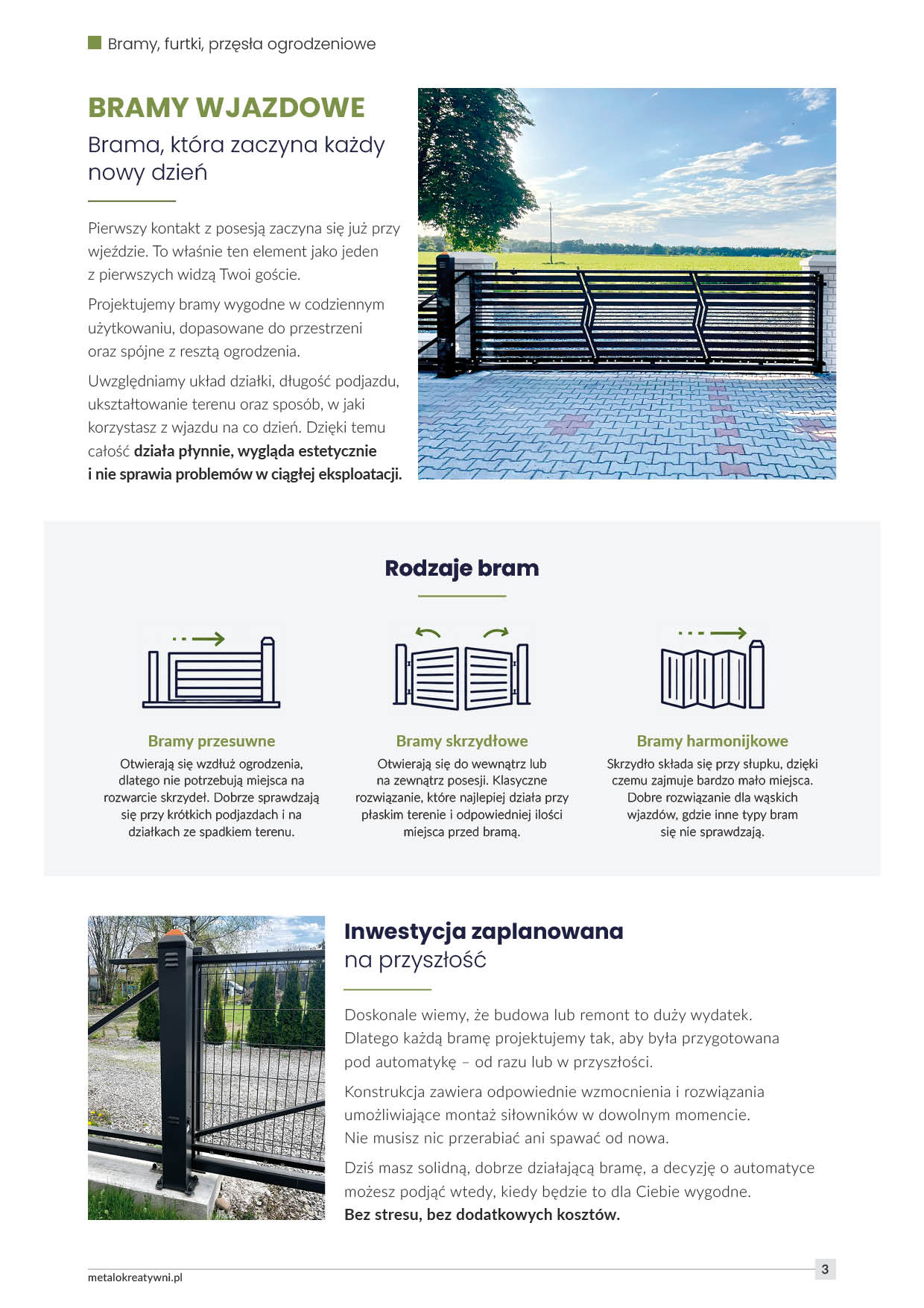 Strona katalogu ogrodzeń z prezentacją typów przęseł i bram, wariant 1