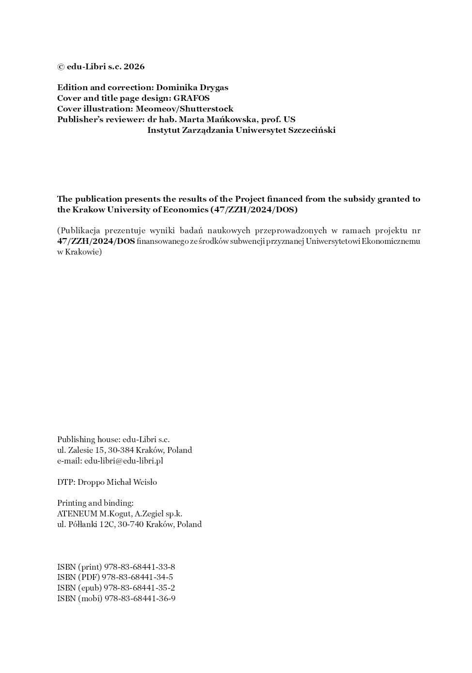Strona redakcyjna książki z informacją o składzie DTP